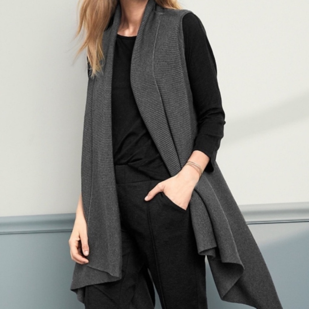 Garnet Hill Long Ribbed Grey Tencel Merino Wool Long Sleeveless Cardigan Vest S
